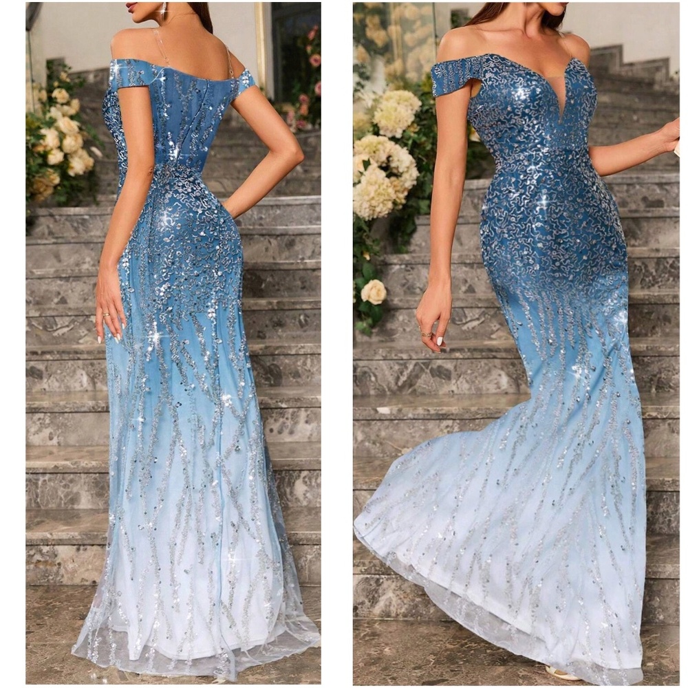 Ombre Sequin Off Shoulder Bodycon Party Formal Prom Wedding Dress - Picture 9 of 9